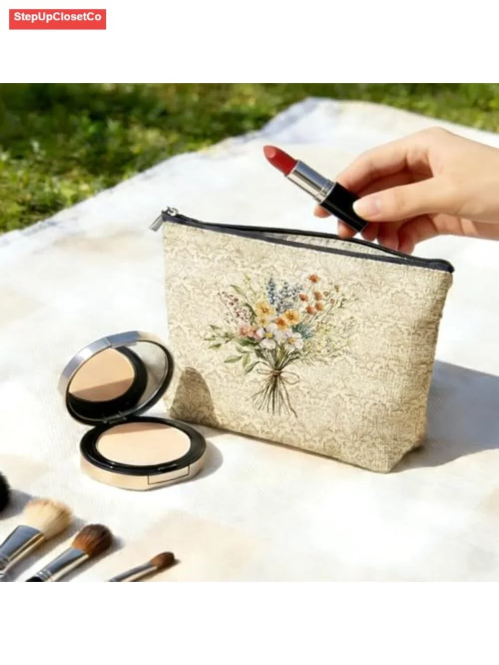 Vintage Floral Linen Makeup Bag with Zipper Pouch Cosmetic Travel Accessory
